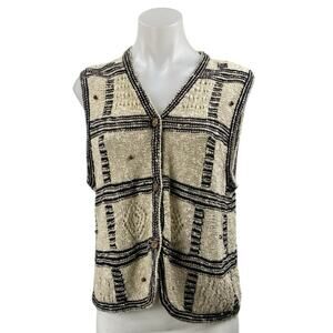 Liz Claiborne Liz & Co Beige Black Linen Windowpane Sleeveless Cardigan Vest MP
